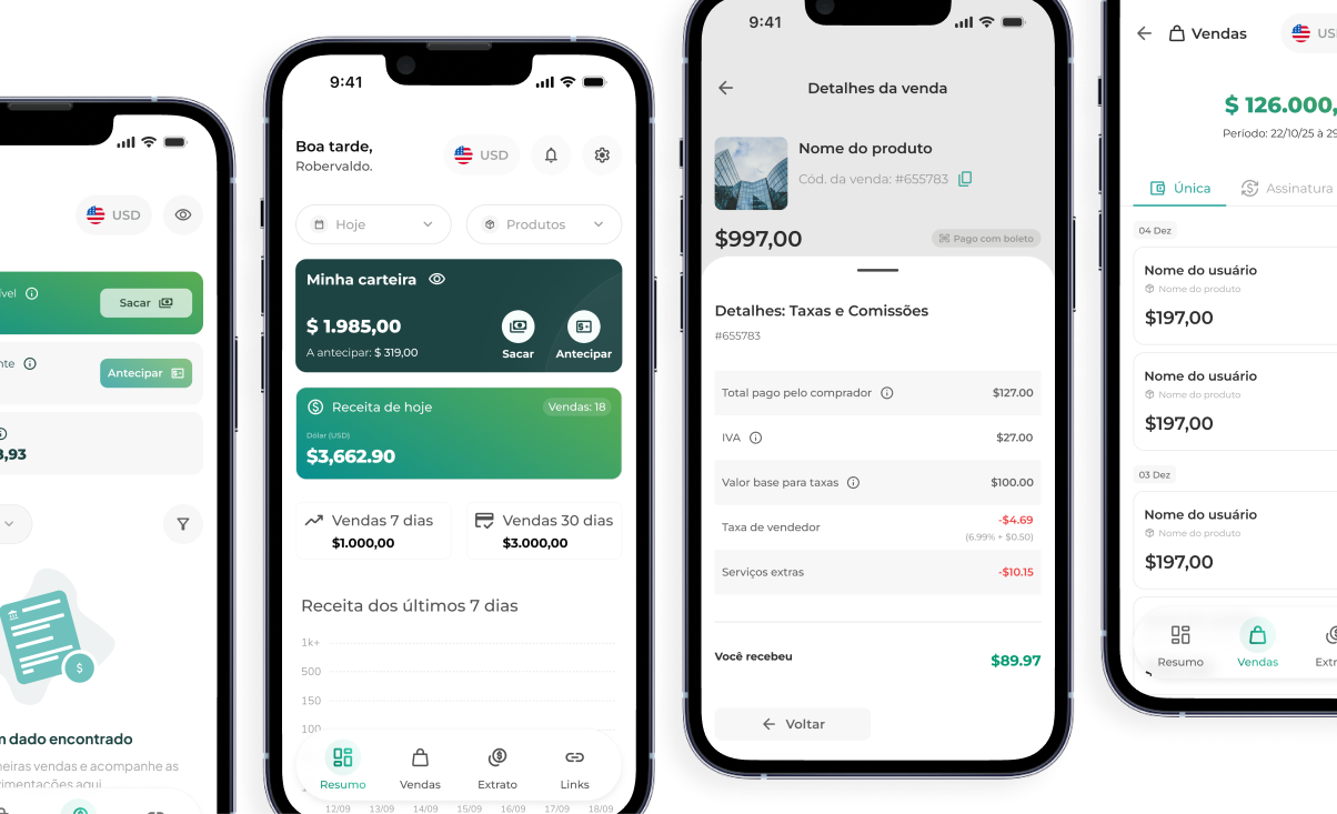 Collage de telas do app de produtores da Greenn (resumo)
