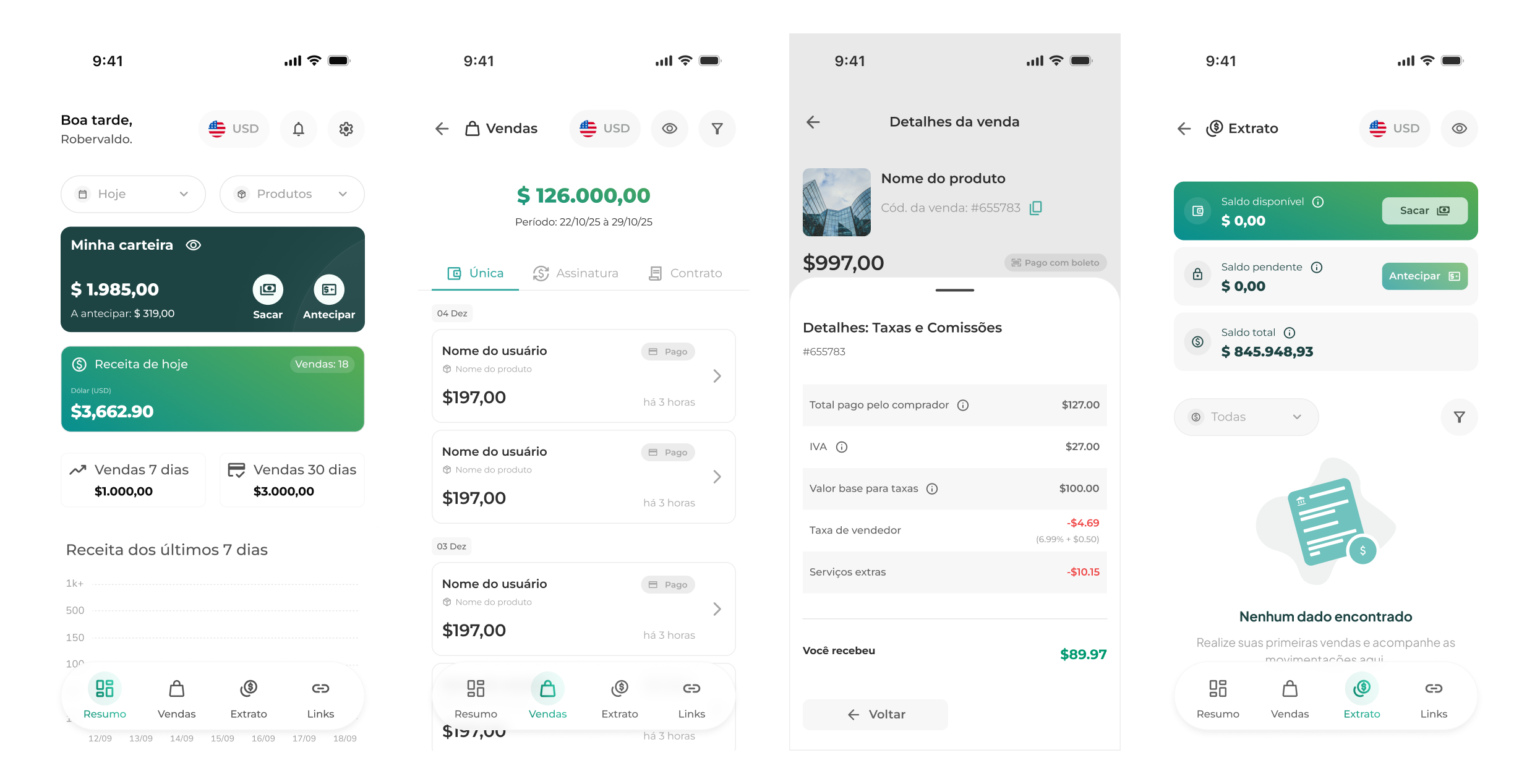 Collage de telas do app de produtores da Greenn (vendas e extrato)